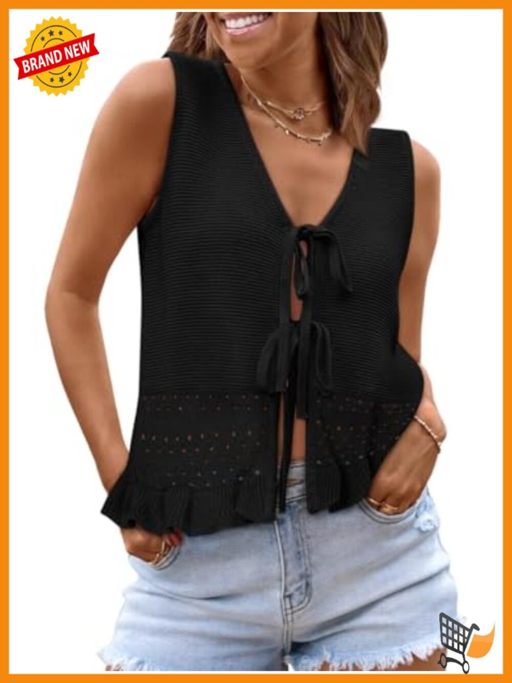 Womens Crochet Sweater Vest Tie Front Sleeveless Ruffle Eyelet Beach Cover Up